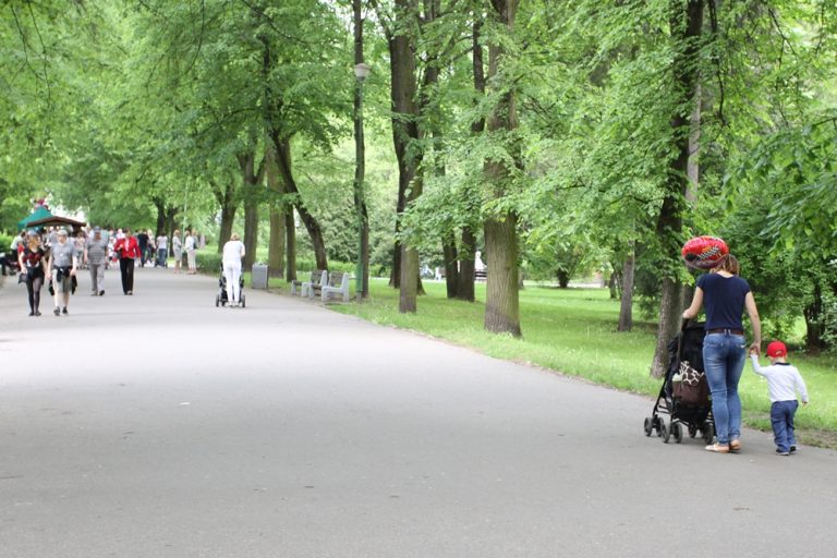 Parkową alejką spacerują ludzie
