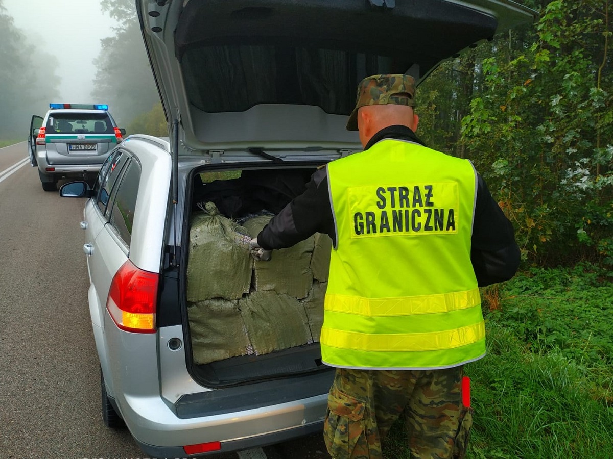 Funkcjonariusz straży granicznej stoi przy otwartej klapie bagażnika samochodu osobowego, w którym leżą zielone torby. W środku są papierosy bez polskich znaków akcyzy.