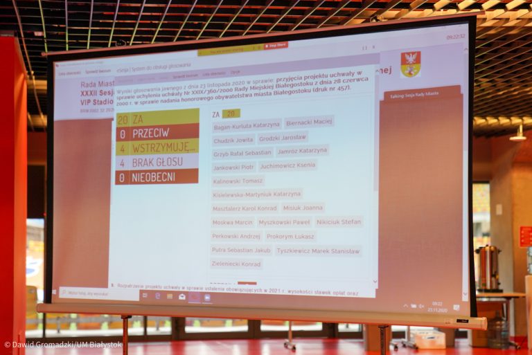 W sali konferencyjnej Stadionu Miejskiego w Białymstoku ustawiony jest rzutnik. Na którym widoczny jest wynik głosowania, widać, że 20 radnych było za przyjęciem uchwały