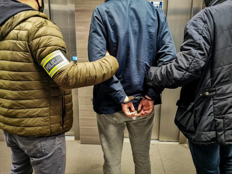 Dwaj policjanci trzymają skutego kajdankami mężczyznę