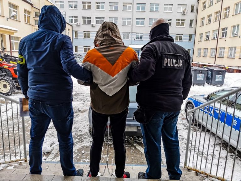 Dwaj policjanci trzymają skutego kajdankami mężczyznę