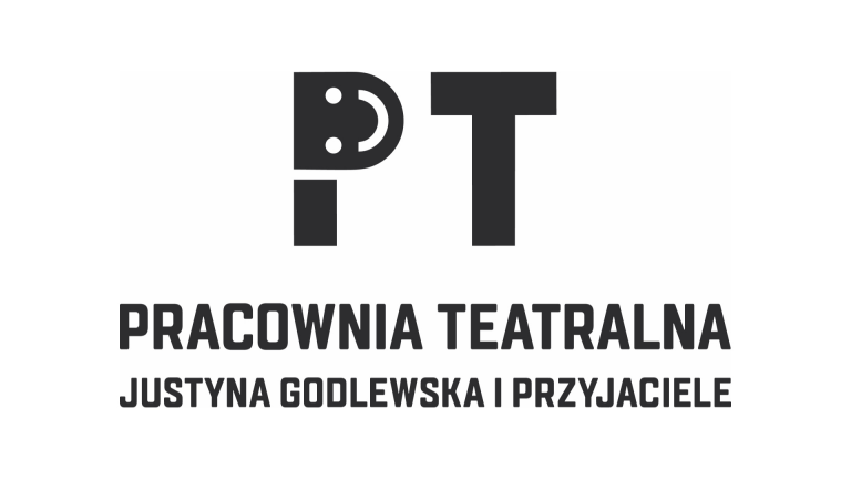 Na białym tle pracownia teatralna Justyna Godlewska - Kruczkowska i przyjaciele. Nad tym napisem znajduje się duża litera P i T