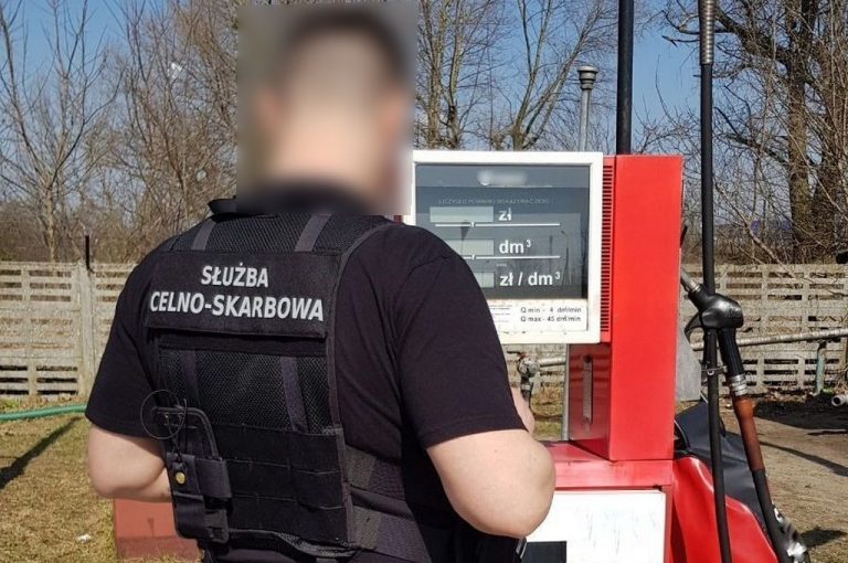 Funkcjonariusz służby celno - skarbowej stoi tyłem do zdjęcia, przodem do dystrybutora paliwa