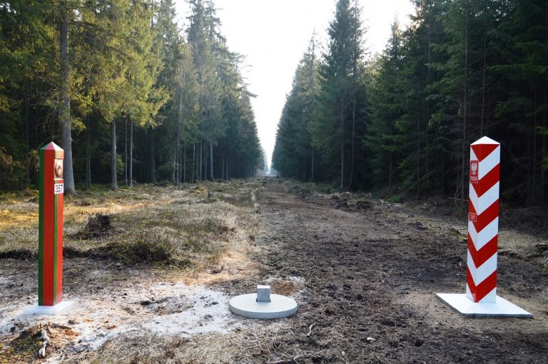 Dwa słupki graniczne na pasie leśnej drogi