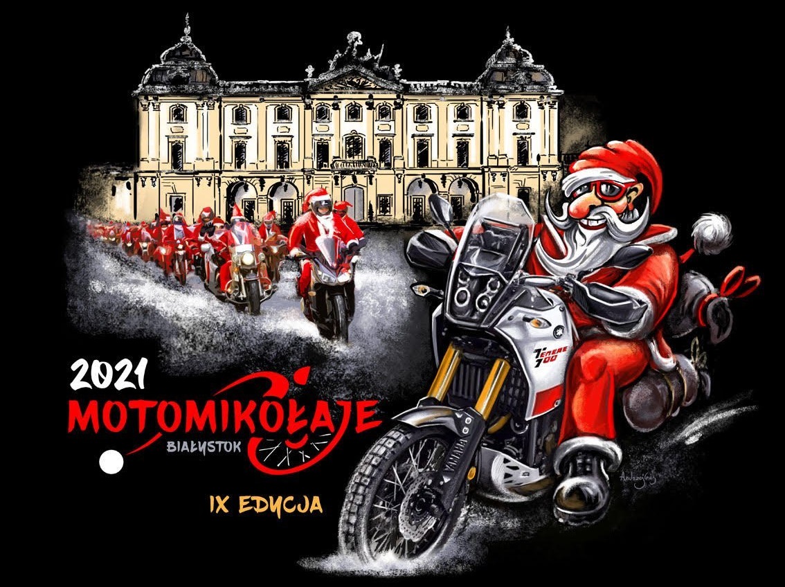 Plakat akcji MotyoMikołaje, na motorze siedzi mikołaj, w tle jest Pałac Branickich