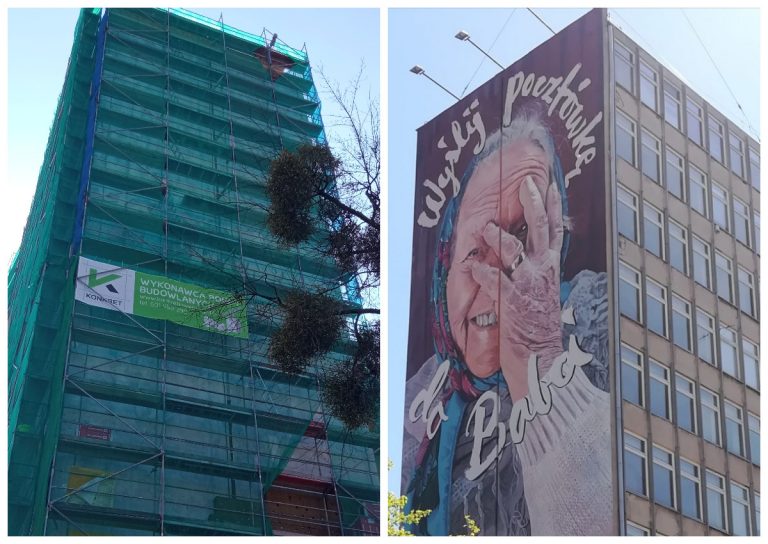Budek w remoncie, obok mural na ścianie budynku