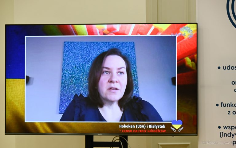 Na ekranie komputera widoczna jest kobieta w chabrowej bluzce, łączy się za pomocą komunikatora