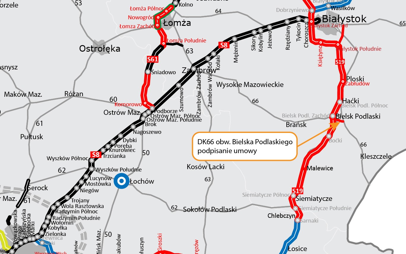 fragment mapy ukazujący budowę części obwodnicy Bielska Podlaskiego