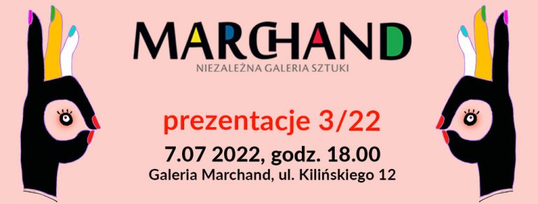 plakat z logo Galerii Marchand, kolorowe dłonie