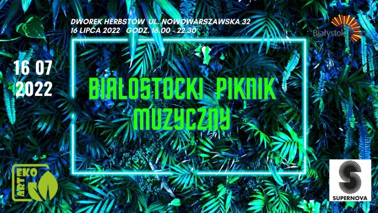 napis białostocki piknik muzyczny na tle liści