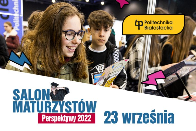 uśmiechnięte twarze dwóch młodych ludzi, napis salon maturzystów
