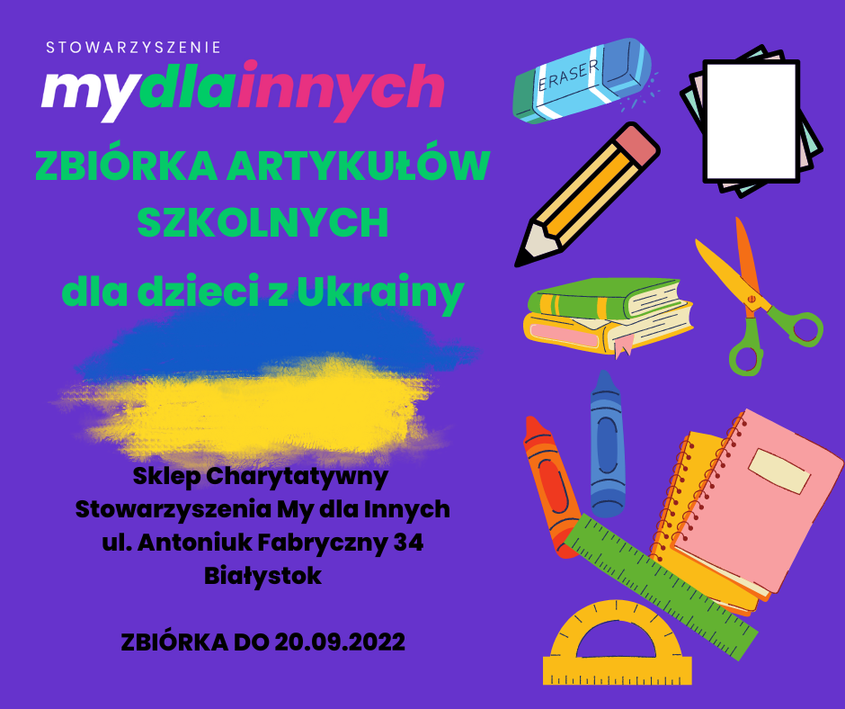 Rysunek przyborów szkolnych, czyli ołówek, nożyczki, linijka, zeszyty, a obok napis Zbiórka artykułów szkolnych dla dzieci z Ukrainy