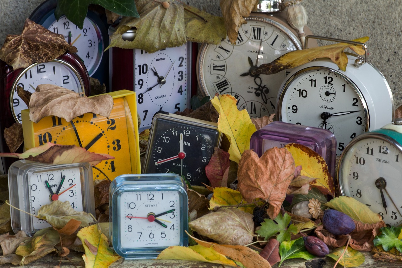 Kilka zegarków i budzików stoik pomiędzy jesiennymi liśćmi