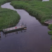 Widok z lotu ptaka na kładkę Waniewo-Śliwno w Narwiańskim Parku Narodowym. Na zdjęciu widać drewniane pomosty rozciągające się nad rzeką Narew oraz jeden z pływających pomostów, który turyści przeciągają za pomocą łańcucha. Wokół rozlewiska i zielone trzciny, tworzące naturalny krajobraz doliny Narwi.
