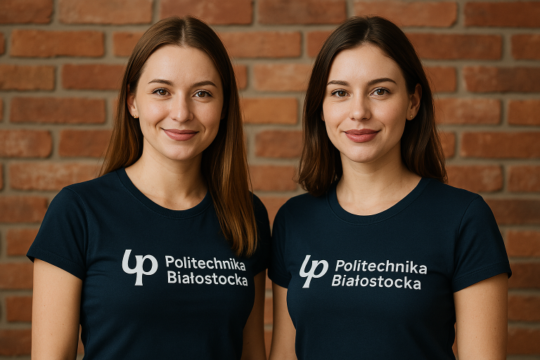 Dwie młode kobiety stoją blisko siebie, ubrane w granatowe koszulki z logo i napisem „Politechnika Białostocka”. Uśmiechają się, patrząc w obiektyw. W tle ceglana ściana.