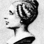 Czarno-biały portret Marie-Sophie Germain przedstawiający jej profil – kobieta z upiętymi włosami, patrząca w lewo. Obraz ma charakter szkicu lub rysunku, wykonany najprawdopodobniej w technice graficznej, ukazuje intelektualną elegancję postaci.