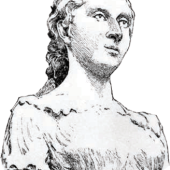 Czarno-biały rysunek przedstawiający popiersie Marie-Sophie Germain. Kobieta z długimi, spiętymi włosami i delikatnymi rysami twarzy spogląda lekko w górę. Ubrana w prostą suknię z dekoltem. Obraz w stylu klasycznej ilustracji portretowej.