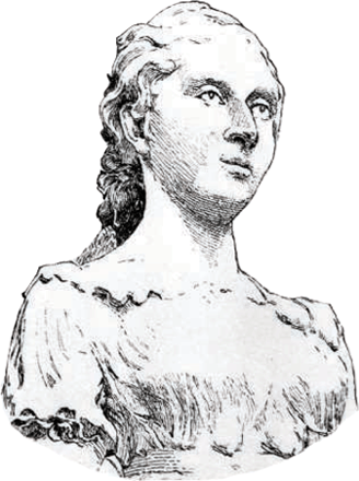 Czarno-biały rysunek przedstawiający popiersie Marie-Sophie Germain. Kobieta z długimi, spiętymi włosami i delikatnymi rysami twarzy spogląda lekko w górę. Ubrana w prostą suknię z dekoltem. Obraz w stylu klasycznej ilustracji portretowej.