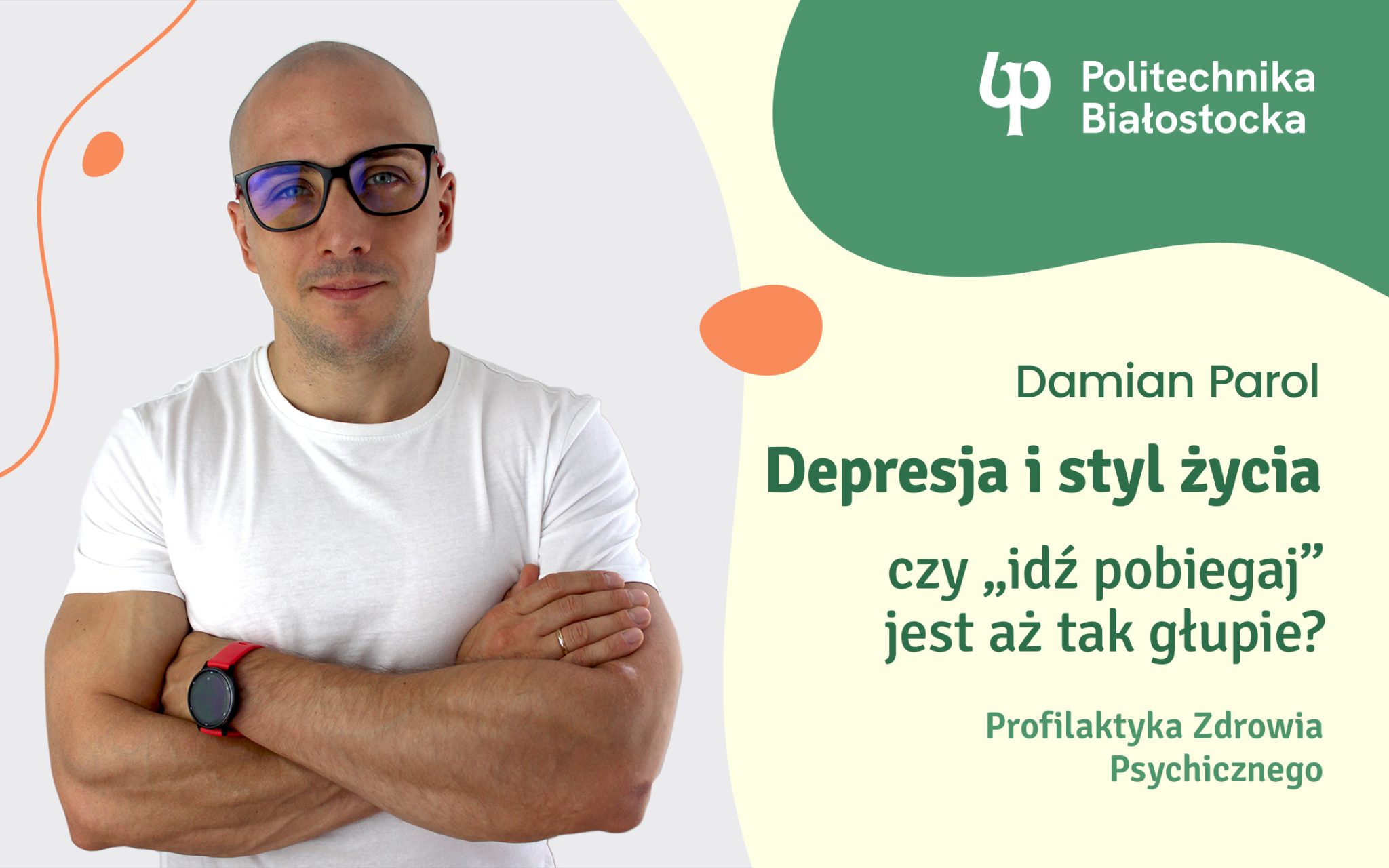 mezczyzna na tle napisu z nazwa wykladu o depresji