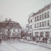 rycina przedstawiajaca ulice bialegostoku rysowane kreską pióra
