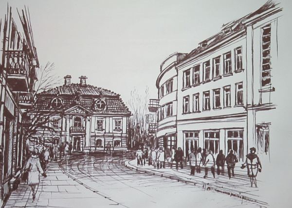 rycina przedstawiajaca ulice bialegostoku rysowane kreską pióra