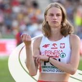 Maria Żodzik, lekkoatletka z KS Podlasie Białystok, w stroju reprezentacji Polski podczas zawodów lekkoatletycznych w Madrycie w 2023 roku