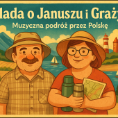 Ilustracja promująca piosenkę „Ballada o Januszu i Grażynie” – para bohaterów na tle polskiego krajobrazu z górami, jeziorem, morzem i zamkiem, w stylu folk-art.