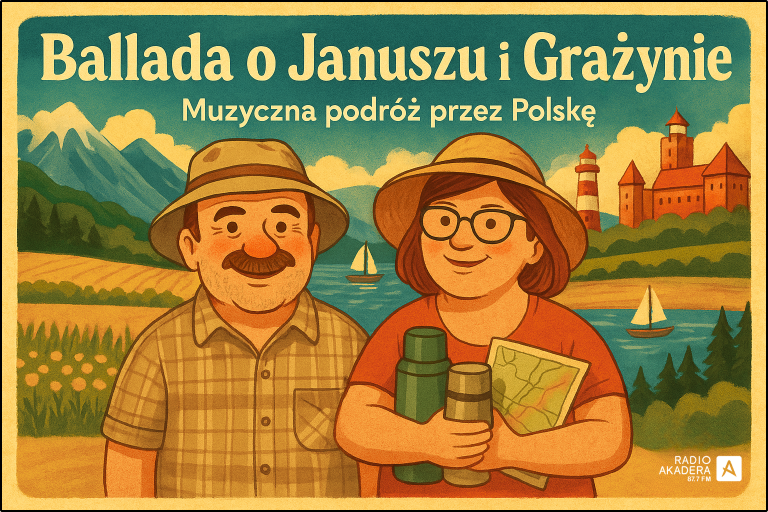 Ilustracja promująca piosenkę „Ballada o Januszu i Grażynie” – para bohaterów na tle polskiego krajobrazu z górami, jeziorem, morzem i zamkiem, w stylu folk-art.