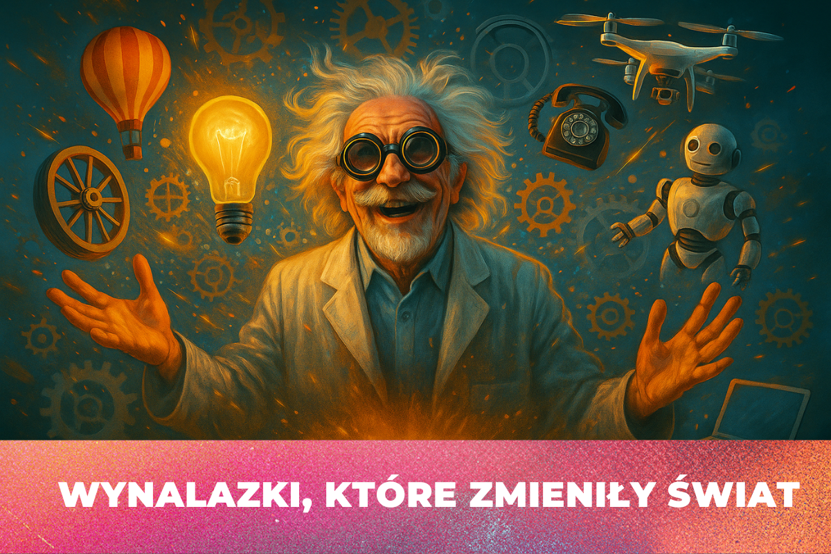 Realistyczna ilustracja przedstawiająca roześmianego, siwowłosego naukowca w laboratorium, otoczonego latającymi wynalazkami: żarówkami, kołem, przekładniami, dronem, komputerem i robotem. W tle błyski i iskry symbolizujące kreatywność oraz ludzką pomysłowość.