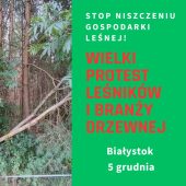 Grafika informacyjna dotycząca protestu leśników i branży drzewnej. Po lewej stronie widać fragment lasu z powalonym drzewem, po prawej zielone tło z czerwonym i białym tekstem: „Stop niszczeniu gospodarki leśnej! Wielki protest leśników i branży drzewnej. Białystok, 5 grudnia”.